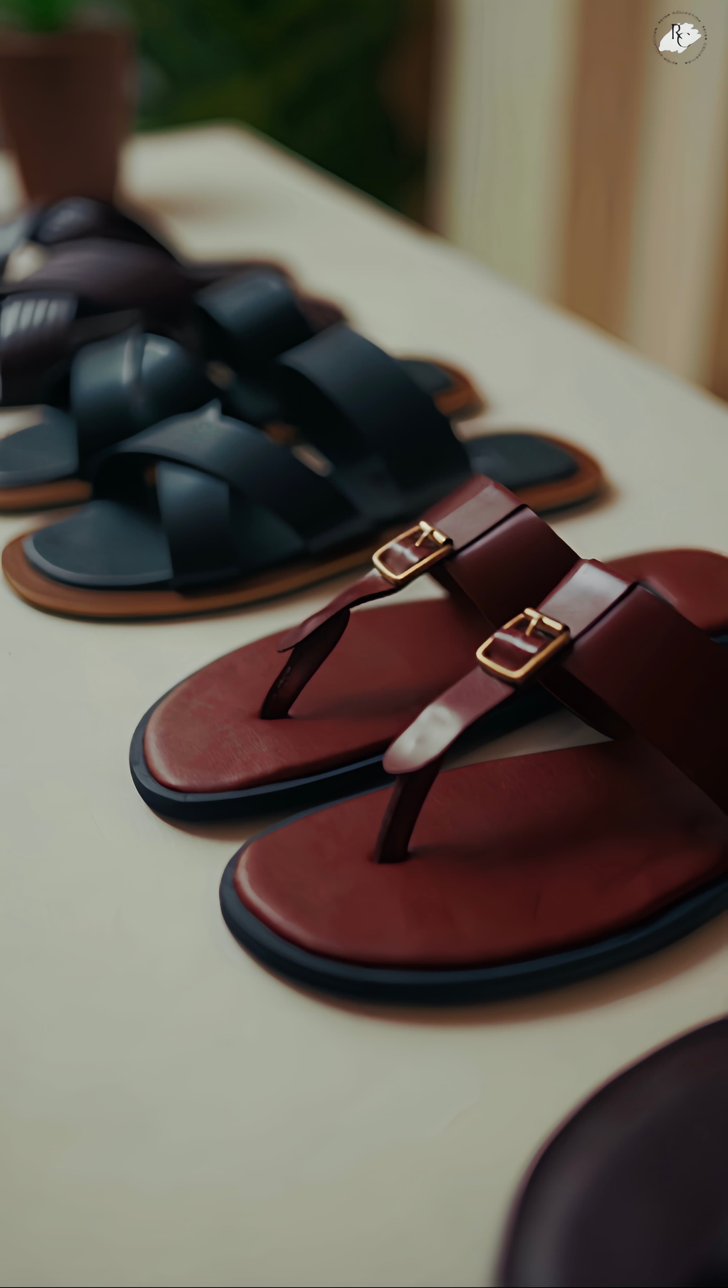 Burgundy and black leather sandals, hand-finished with brass hardware